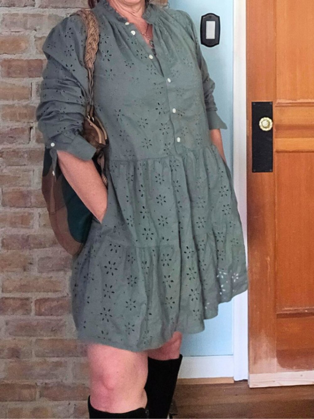 Gap Olive Green Eyelet Cotton Tiered Dress L